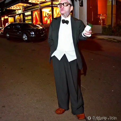 Prompt: A handsome, middle-aged man with glasses wearing a cream suit jacket and smoking a cigarette outside a bar at night.