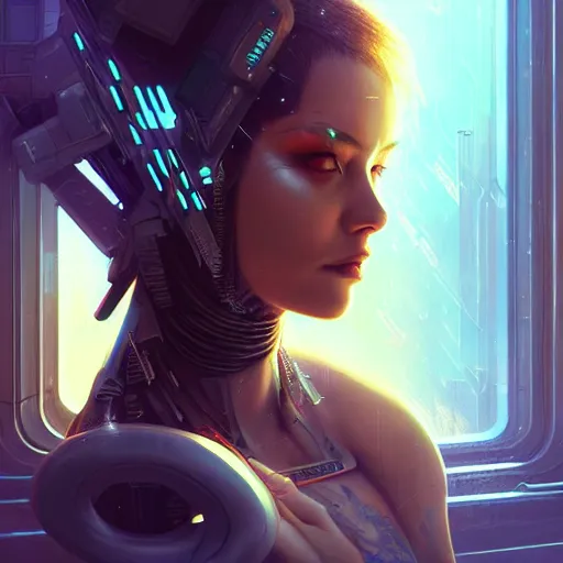Image similar to art by ross tran, portrait of cyberpunk woman looking out of a window, cyberpunk setting, futuristic, highly detailed, intricate lighting, digital painting, sharp focus, illustration, trending on artstation, by anna dittmann, karol bak, charlie bowater.