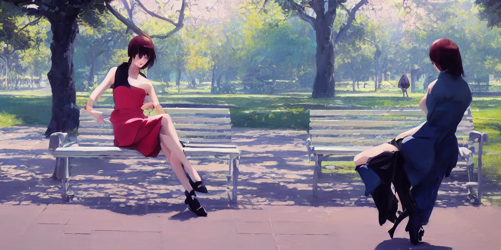 Prompt: A ultradetailed beautiful panting of a stylish woman siting on a park bench, Oil painting, by Ilya Kuvshinov, Greg Rutkowski and Makoto Shinkai