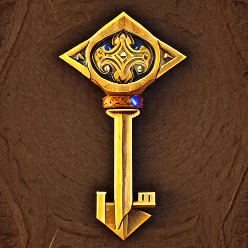 Prompt: a medieval wooden key for the doors, rpg game inventory item, Warcraft style, outer glow, solid background, trending on artstation