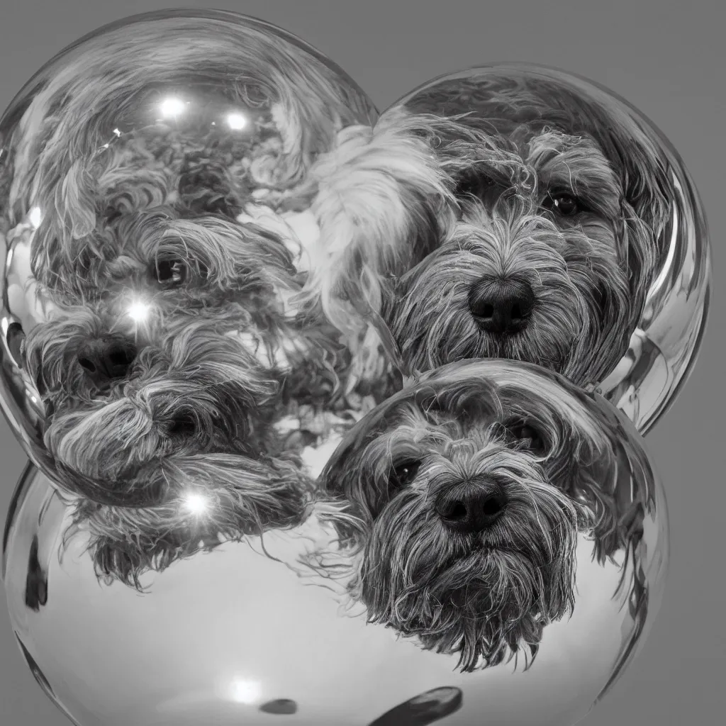 Image similar to full length portrait of a havanese dog reflected in a chrome sphere, ultra wide 1 0 mm, by m c escher pen and paper