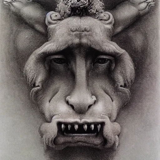 Image similar to cherub with four faces : man, lion, eagle, bull. drawn by zdzislaw beksinski