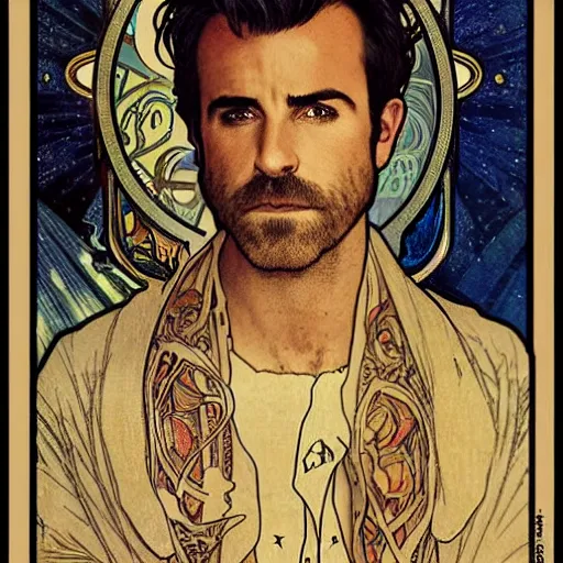 Image similar to justin theroux portrait by louis - theophile hingre and alphonse mucha, realistic, sharp focus, zodiac signs, tarot cards, planets, ethereal, art nouveau, magic, moon, sun, crown, dreamy, royal, jewellery