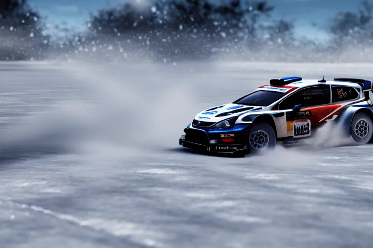 Prompt: wrc rally car drifting sideways on ice, photoreal, dynamic scene, dynamic lighting, 8 k, motion blur, dust, trending on artstation, higly detailed, ( higly detailed ), styleframe, crowned, artwork by wlop