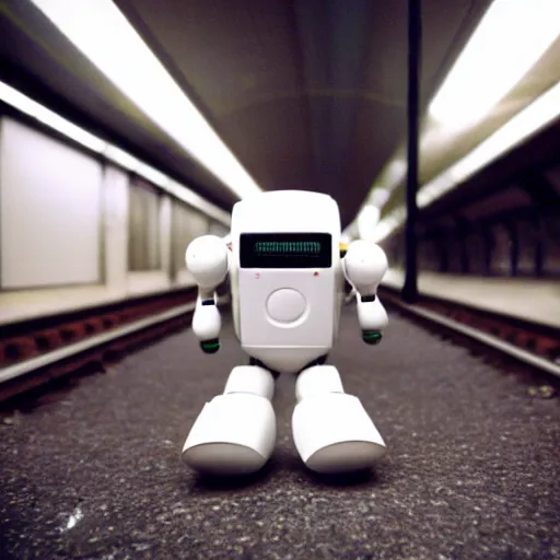 Prompt: fujifilm superia photo of uncanny valley tiny robot, in the empty london underground, dirty, grainy, liminal