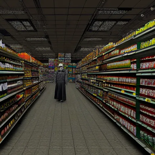 Image similar to Orc's in a dark scary supermarket in Mordor, very wide shot, shelves are full of arcane wares, tinctures, mouldy vegetables, dark coloured toiletries and animal body parts. Sauron is working on each checkout. 8k render