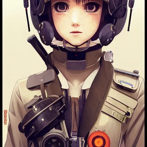 Image similar to pilot girl, cyborg aircraft parts, anime style, vintage pilot clothing, shoulder eyes, last exile anime, hair down, symmetrical facial features, from arknights, hyper realistic, 4 k, rule of thirds, extreme detail, detailed drawing, trending artstation, realistic lighting, by alphonse mucha, greg rutkowski, short neck