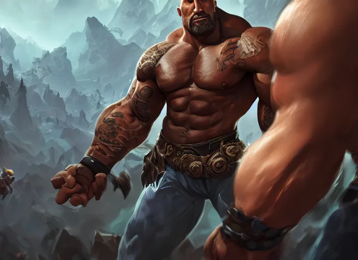 Image similar to dwayne johnson character concept art, digital illustration, trending on artstation, intricate details, epic composition, sharp focus, 8 k uhd, masterpiece, league of legends splash art