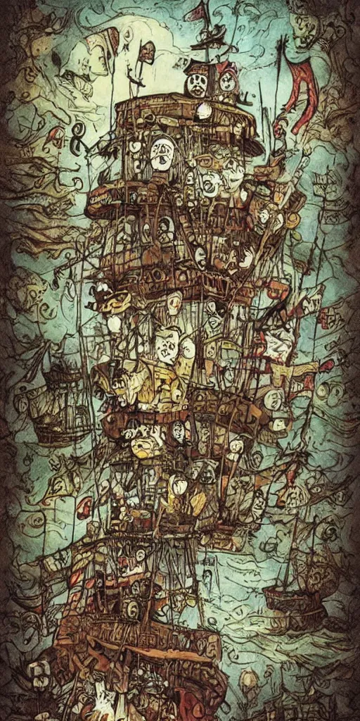 Image similar to a pirate ship scene by alexander jansson and where's waldo