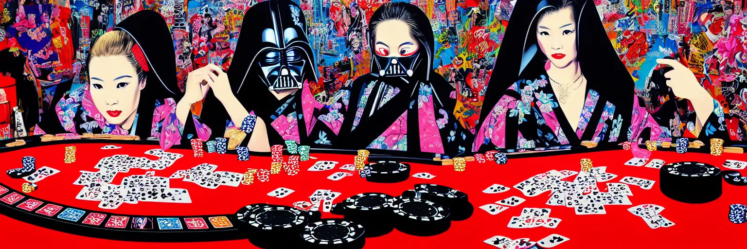 Prompt: hyperrealism composition of the detailed woman in a japanese kimono sitting at an extremely detailed poker table with darth vader, terminator, fireworks on the background, pop - art style, jacky tsai style, andy warhol style, acrylic on canvas