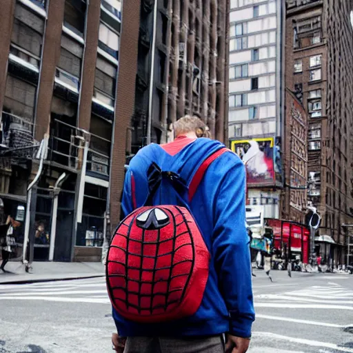 Image similar to photo of spiderman with a backpack on his way to school on the streets of new york, lonely atmosphere