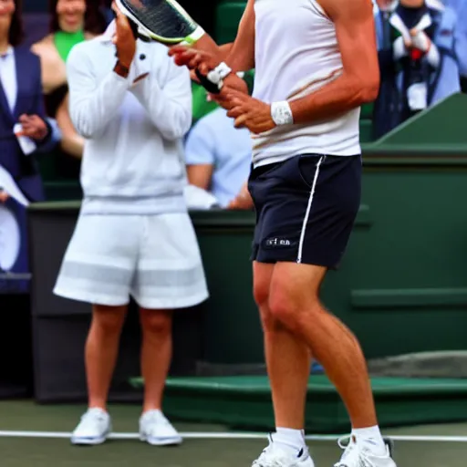 Prompt: joaquin sanchez winning wimbledon,, on his side is roguer applauding him