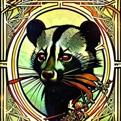 Prompt: An african civet by Alphonse Mucha, Sana Takeda and Julie Dillon