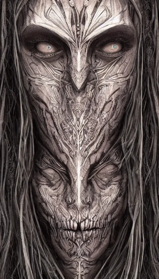 Image similar to immortal alien emperor hybrid aztec fantasy beautiful angellic symmetrical elven face mask tattoo pattern concept, teonanacatl glyph, intricate artwork by, Johnatan Wayshak, Zdizslaw Beksinski, face by Artgerm, H.R. Giger, very coherent artwork, cinematic, hyper realism, high detail, octane render, unreal engine, 8k, High contrast, higly detailed black ink outline, crosshatch sketch gradient