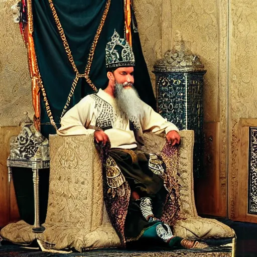 Image similar to A man with a beard, sitting on a throne, dressed in the clothes of a sultan. one leg is placed on the other, the hand is scratching his beard and thoughtfully looks at the thrown cubes on the table. Fantasy style