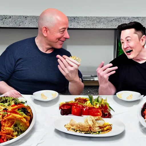 Image similar to obese jeff bezos and elon musk mukbang