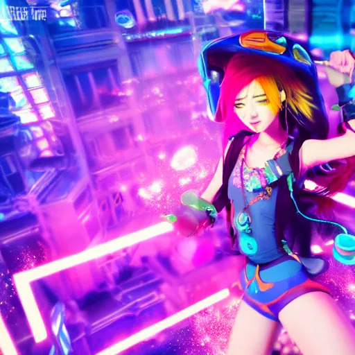 Prompt: a girl like (jinx, Princess peach), dancing, background jet ground radio, kpop, fullshot, raytrayced, octane render,volumetric lighting, epic composition, intricate details, dark neon punk, by KDA