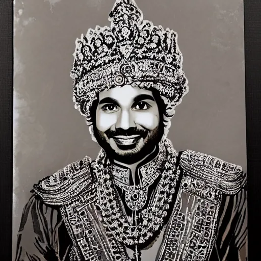 Image similar to portrait of kunal nayyar king of zamunda, with crown amd ornaments
