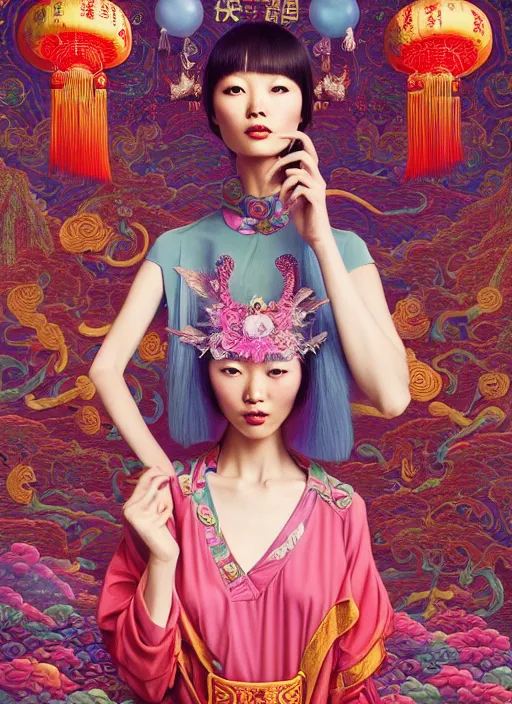 Image similar to pretty chinese model with magic mushroom : : by martine johanna and simon stalenhag and chie yoshii and casey weldon and wlop : : ornate, dynamic, particulate, rich colors, intricate, elegant, highly detailed, vogue, harper's bazaar art, fashion magazine, smooth, sharp focus, 8 k, octane render,