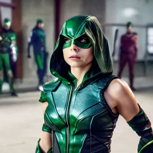 Image similar to film still of willa holland as a female green arrow in the 2 0 1 7 film justice league, focus on facial details, minimal bodycon feminine costume, dramatic cinematic lighting, inspirational tone, suspenseful tone, promotional art