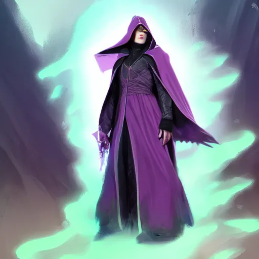 Image similar to female warlock long hood cloak purple, magic powers, powerful face, 8 k, trending on artstation by tooth wu and greg rutkowski