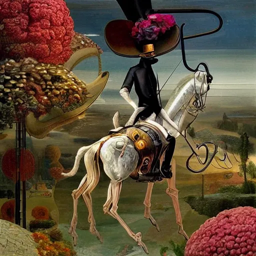 Prompt: an a gentleman in a top hat riding an extremely long and spindly mechanical horse in a futuristic!!! victorian city, oil painting, style of salvador dali and richard dadd!!!!, rococo lots of plants and flowers