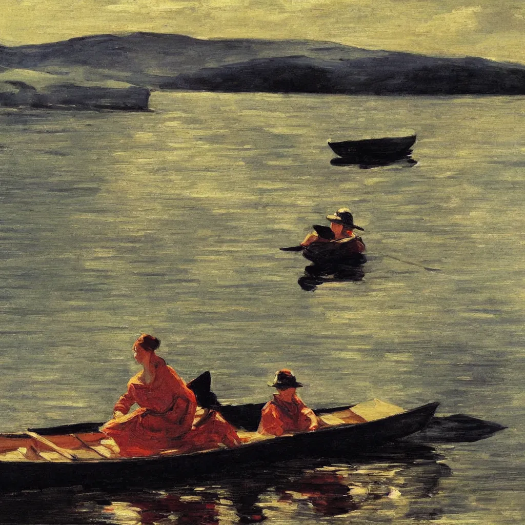 Image similar to a beautiful woman sitting in canoe on the hudson river, oil painting, style of george bellows