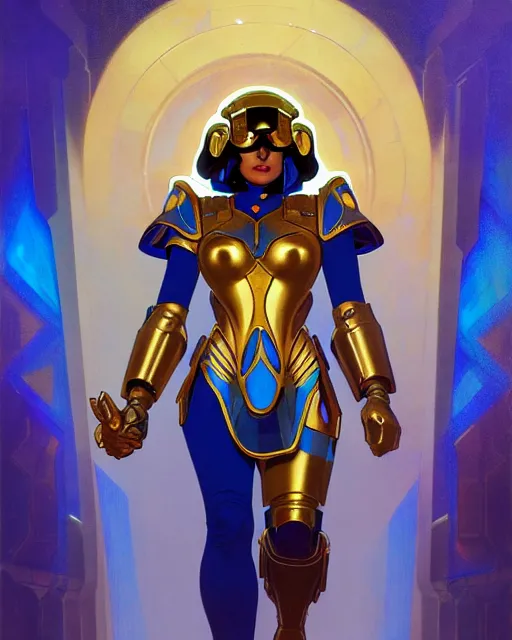 Image similar to a pharah made of blue crystal with a golden mask and helmet hovers ominously in the air inside a high - tech tomb, comic cover painting, masterpiece artstation. 8 k, sharp high quality artwork in style of wayne reynolds, alphonse mucha, arthur adams, greg rutkowski, and don bluth, concept art by jack kirby