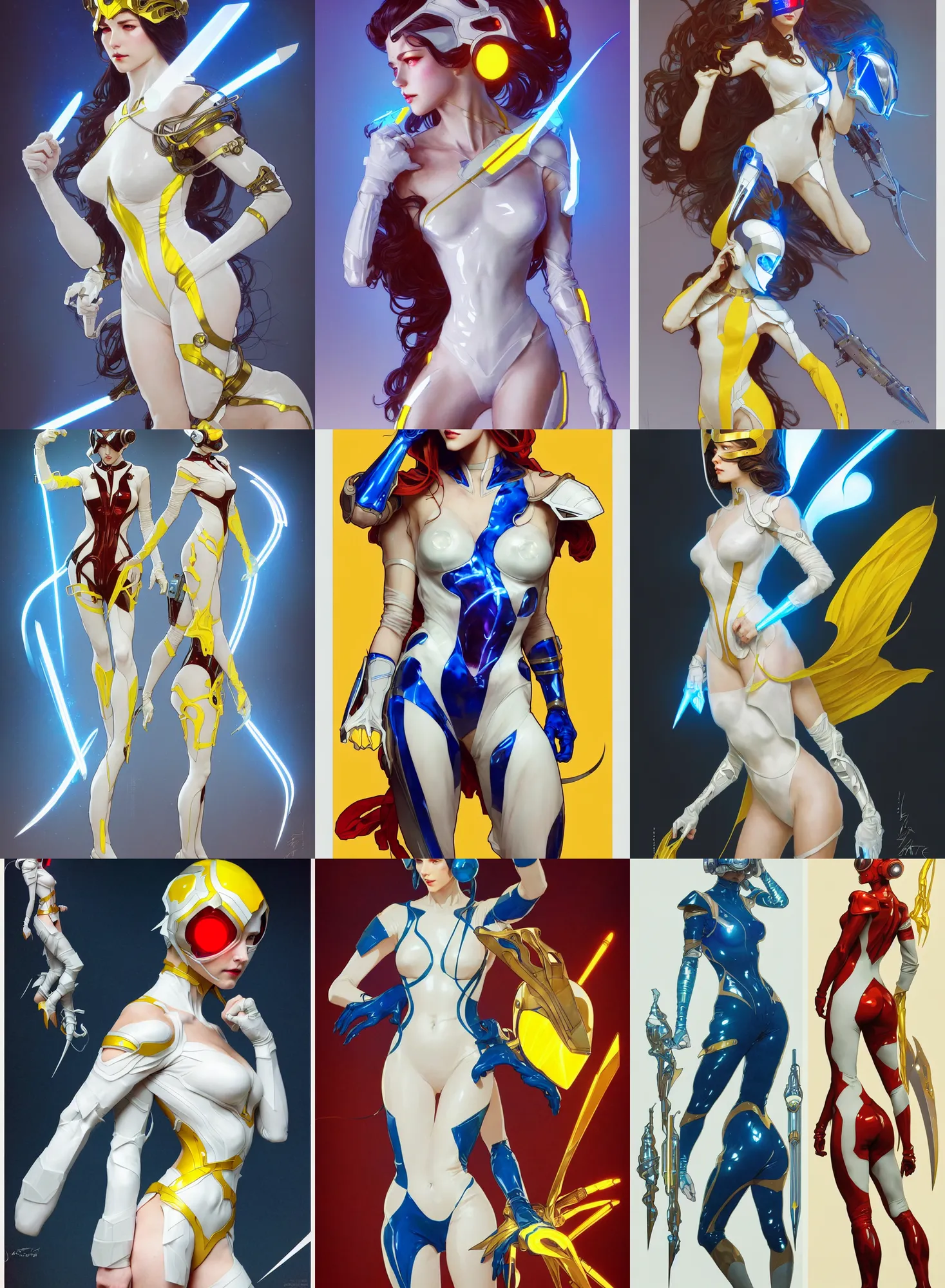 Prompt: a full body character design by artgerm, greg rutkowski and alphonse mucha. sci - fi dagger. laser white and yellow tape and red translucent plastic tape project show attctive showgirl!! sci - fi helmet electric blue eyes!! sharp edges. contour light effect!! ultra detailed, elegant, intricate, octane render.