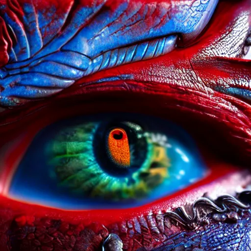 Prompt: big blue eye of ancient red dragon, close-up, high detail 3d model, Octane render, octane, 4k