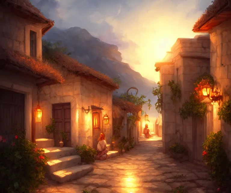 Prompt: cute greek village by charlie bowater and titian and artgerm, portrait, intricate, elegant, highly detailed, sunset, dramatic lighting, sharp focus, trending on artstation, artstationhd, artstationhq, unreal engine, 4 k, 8 k