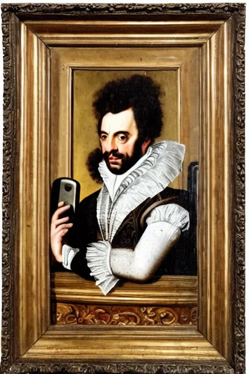 Image similar to a 1 6 0 0 s framed portrait painting of joe mantegna holding a large telephone, intricate, elegant, highly detailed