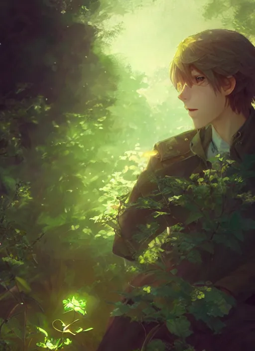 Image similar to a portrait of the male emerald herald in the garden, intricate, tone mapped, ambient lighting, highly detailed, digital painting, artstation, concept art, sharp focus, by makoto shinkai and akihiko yoshida and hidari and wlop