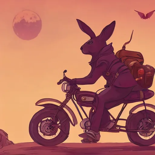 Image similar to bunny wearing a leather jacket riding a motorbike during sakura season on a blood moon by simon stalenhag, rule of thirds, dynamic pose, action pose, beautiful landscape