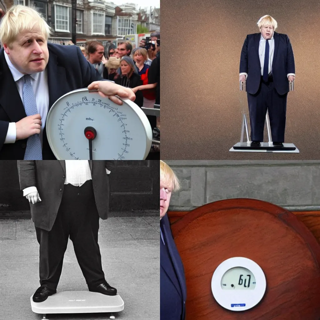 Prompt: morbidly obese boris johnson standing on a weighing scale, extremely fat