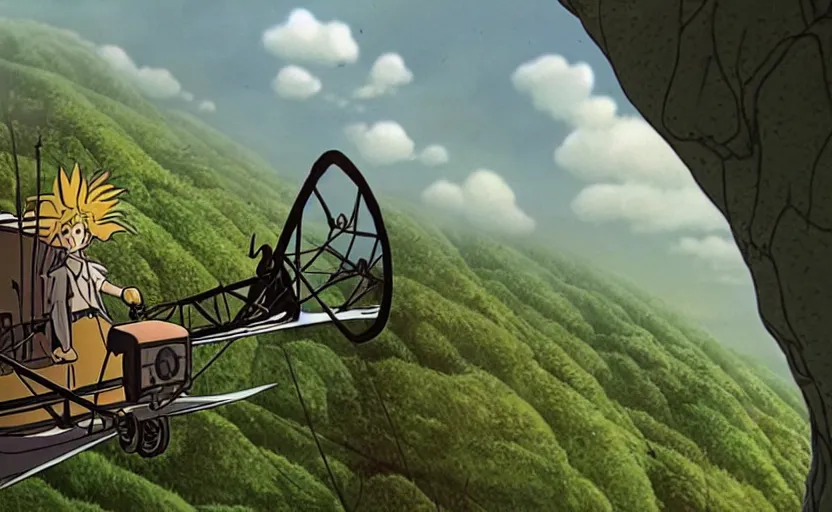 Image similar to a close - up detailed cell - shaded cartoon movie still from howl's moving castle ( 2 0 0 4 ) of a gyrocopter in a flooded rainforest valley. stonehenge is seen in the background with shafts of sunlight from above. very dull muted colors, hd, 4 k, hq