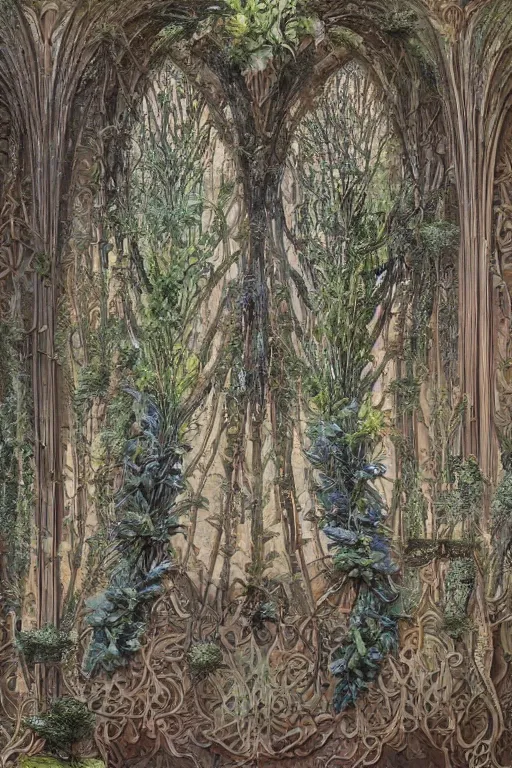 Image similar to a gorgeous painting by Viktor Hartmann of a great palace in the style of zaha hadit made from porcellain, beautiful natural soft rim light, roots, fine foliage lace, ernst haeckel, parametric architecture, parametric design, bioart, futuristic, adorned with all kind of plants, utopian, chitin, visceral, art nouveau , intricate details, satin silver beautiful gold metal details, mesh wire, neri oxman, cable wires, elegant, hyper realistic, quantum computer, ultra detailed, octane render, silicon and carbon, volumetric lighting, 8k post-production, hr giger style