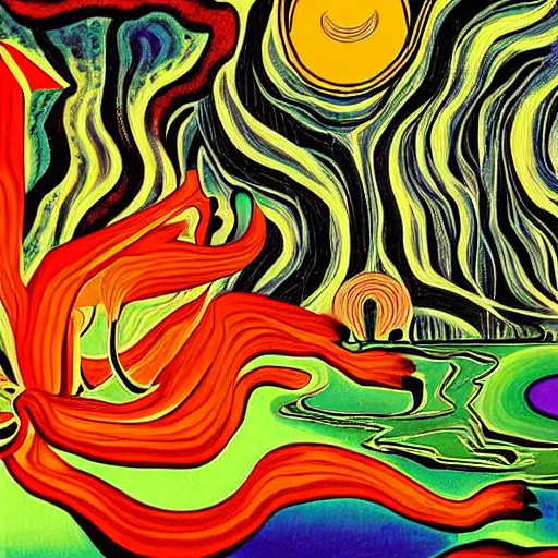 Prompt: charles burchfield art painting, digital art, psychedelic, offset chroma, RGB