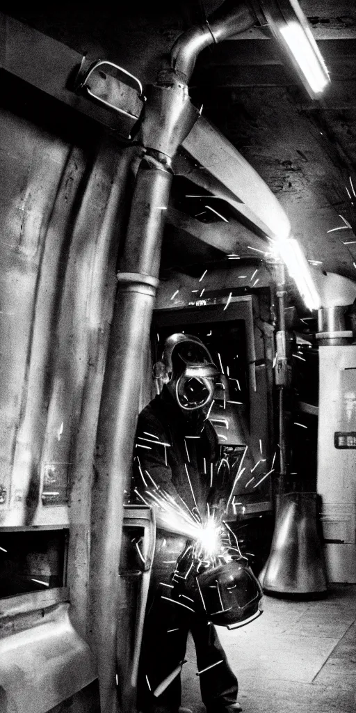 Image similar to welder wearing welding masks in the subway, by richard avedon, ominous lighting, tri - x pan stock