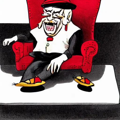 Prompt: A Grampa Dracula wearing shoes that look exactly like pizza slices next to an empty chair