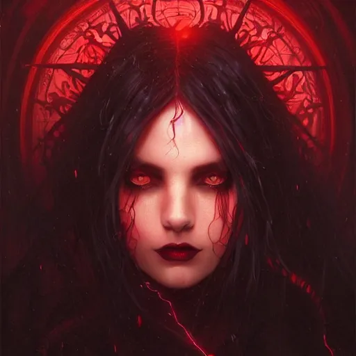 Image similar to Portrait of a dark witch, dark filaments, red glowing eyes, menacing, intimidating, frightening, intricate, headshot, highly detailed, digital painting, artstation, concept art, sharp focus, cinematic lighting, illustration, art by artgerm and greg rutkowski, alphonse mucha, cgsociety