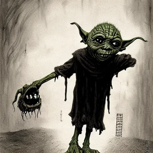 Image similar to horror goblin yoda, black blood dripping, creepy background, by john kenn mortensen and zdizslaw beksinski