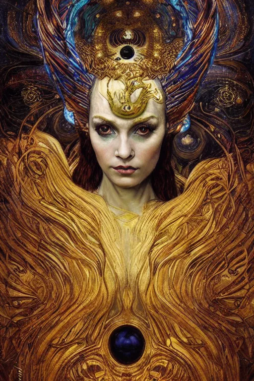 Image similar to Intermittent Chance of Chaos Muse by Karol Bak, Jean Deville, Gustav Klimt, and Vincent Van Gogh, beautiful inspiring portrait, enigma, Loki's Pet Project, destiny, Poe's Angel, fate, Surreality, inspiration, muse, otherworldly, fractal structures, arcane, ornate gilded medieval icon, third eye, spirals