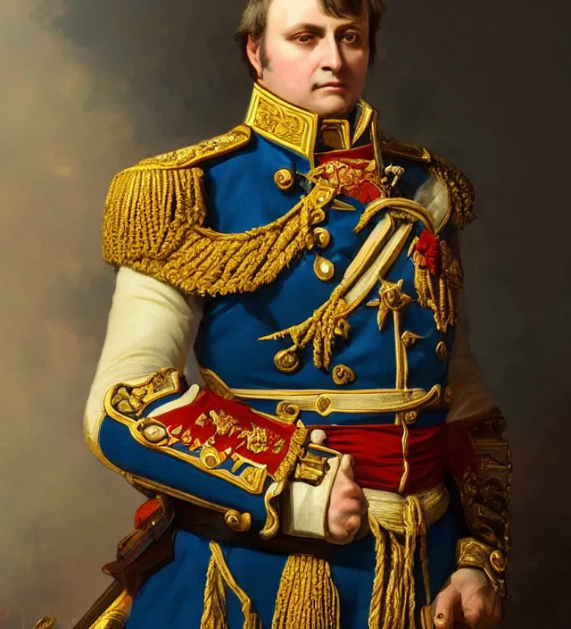 Image similar to portrait of emperor napoleon wearing a traditional nineteenth century french empire military uniform, metal shoulder pauldrons, intricate, highly detailed, digital painting, artstation, concept art, sharp focus, cinematic lighting, illustration, art by artgerm and greg rutkowski, alphonse mucha, cgsociety