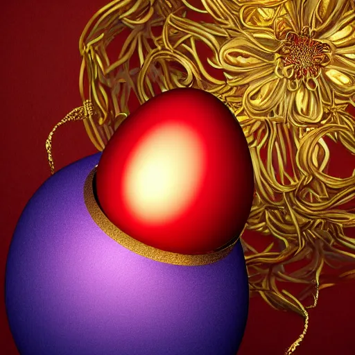 Image similar to an elaborate glowing red and blue egg emerging from the blossom of a metallic gold flower with tendrils of gold wrapping around the egg, magic eggplant, fantasy concept art