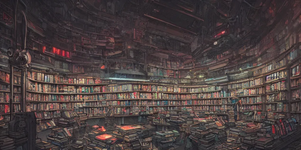 Prompt: cinematic shot of the interior of an old bookstore full of books, dystopian future, neon lights, sci - fi, night lights, haze, concept art, intricate, in the style of katsuhiro otomo, akira, unreal engine