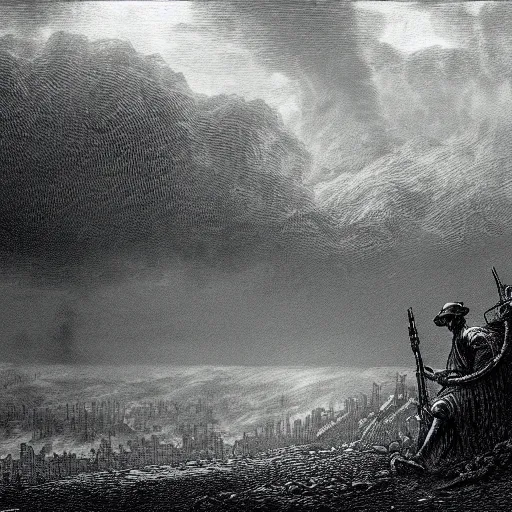 Image similar to apocalyptic landscape, soldier in gasmask, dark clouds, dark, eerie, dystopian, city, end times, illustration by Gustave Doré