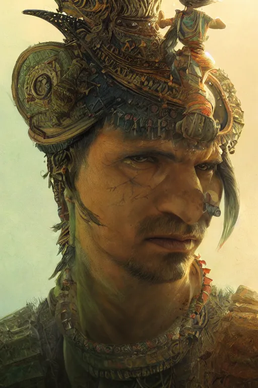 Prompt: gediminas pranckevicius jibaro hindu warrior, close - up portrait, fierce, intricate, elegant, volumetric lighting, scenery, digital painting, highly detailed, artstation, sharp focus, illustration, concept art, ruan jia, steve mccurry