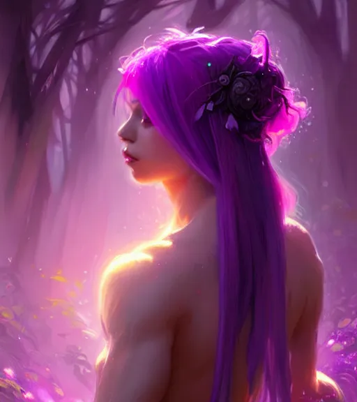 Image similar to stunningly beautiful female neon and purple hair, fantasy art, fae priestess, lush forest landscape, dark light night, goddess sharp focus, digital, painting, 8 k, concept art, art by wlop, artgerm, greg rutkowski and alphonse mucha