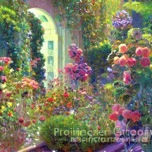 Image similar to a cybernetic secret garden by Charles Courtney Curran, bright pastels, neon reflections off wet surfaces